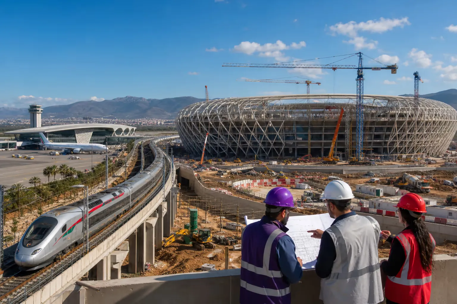 Chantier marocain réunissant stade, ligne ferroviaire à grande vitesse, aéroport et équipe d’ingénieurs.