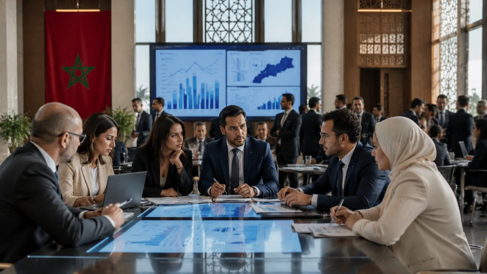 Équipe de professionnels marocains analysant des données de marché et une carte du Maroc lors d'une réunion.