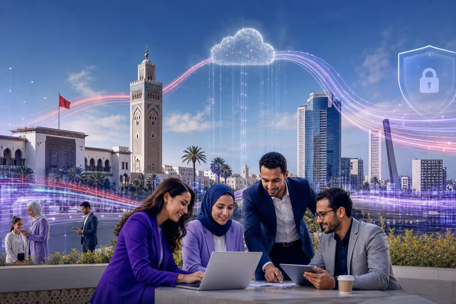 Professionnels marocains du numérique devant une ville connectée, un cloud et des services publics sécurisés.