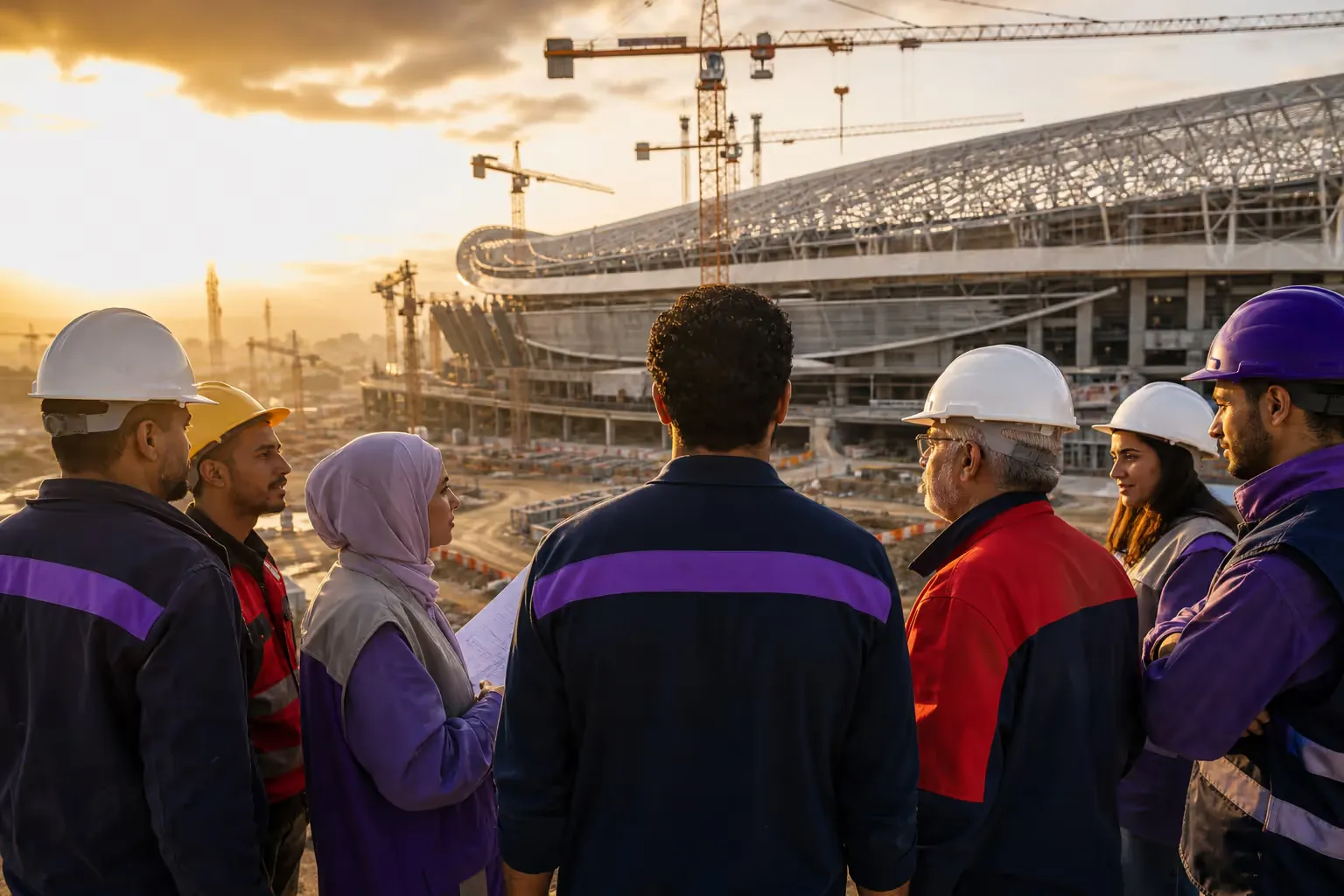 Équipe marocaine de construction observant avec fierté un grand stade en chantier au coucher du soleil.